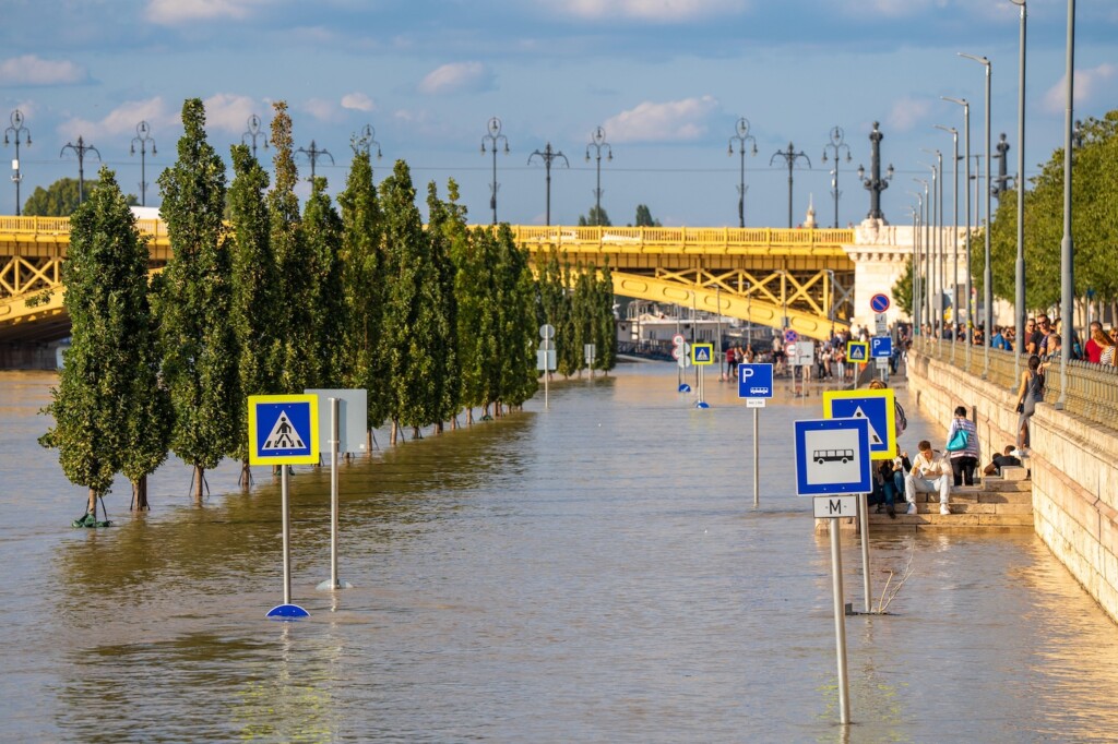 Submerged trees along the Danube River after storm 'Boris' in Budapest Hungary. Credit: Aleksei Gorovoi / Alamy Stock Photo. Image ID: 2Y75CHR.