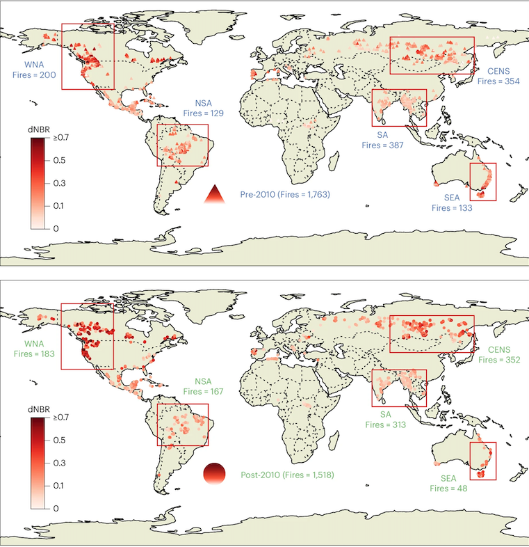 World maps showing large-scale fires from 2001-10 (top) and 2011-21 (bottom). The differential normalised burn ratio increases with fire severity, as represented here by a darker shade of red. The five rectangles highlight the fire hotspots. The text indicates the total number of large-scale fires within each hotspot during the given time period. Source: Lv, Q. et al. (2025)