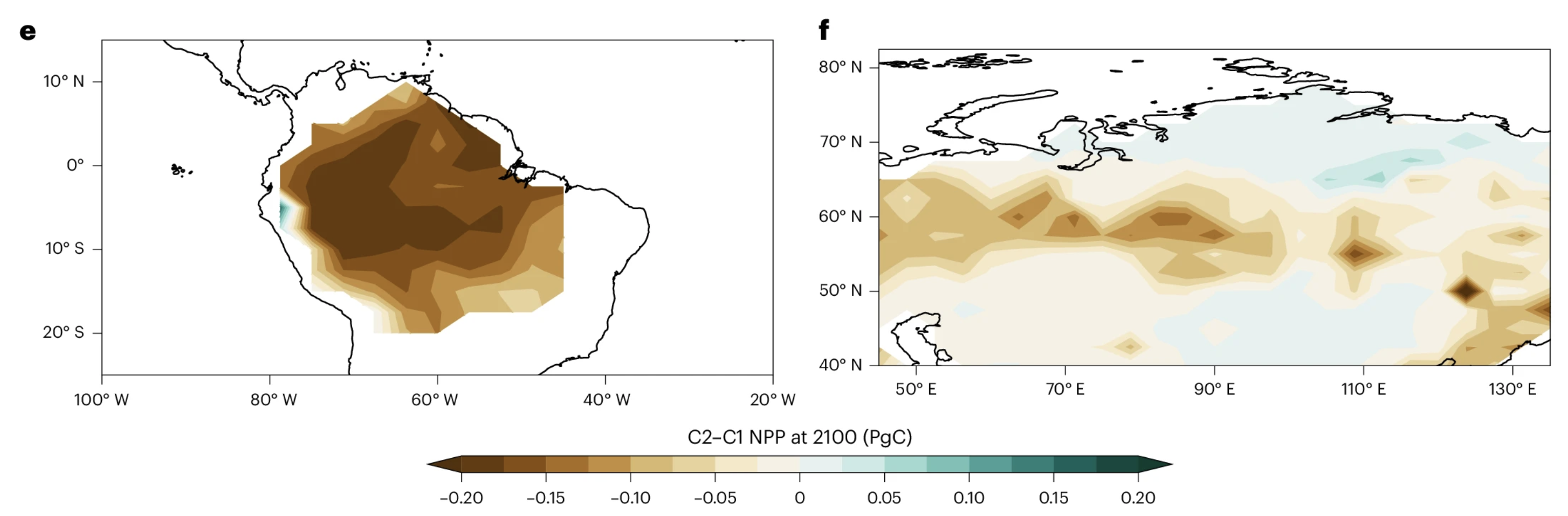 The difference in net primary productivity in the Amazon (left) and Siberian forests (right) between the two scenarios. Brown indicates that net primary productivity was higher in the renewables (non-overshoot) scenario, while blue indicates that it was higher in the negative emissions (overshoot) scenario. Source: Munday et al. (2025)
