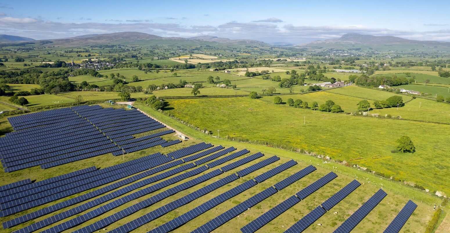 Solar farm on farmland in Bentham, UK.
