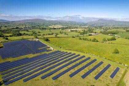 Solar farm on farmland in Bentham, UK.