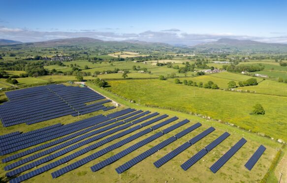 Solar farm on farmland in Bentham, UK.