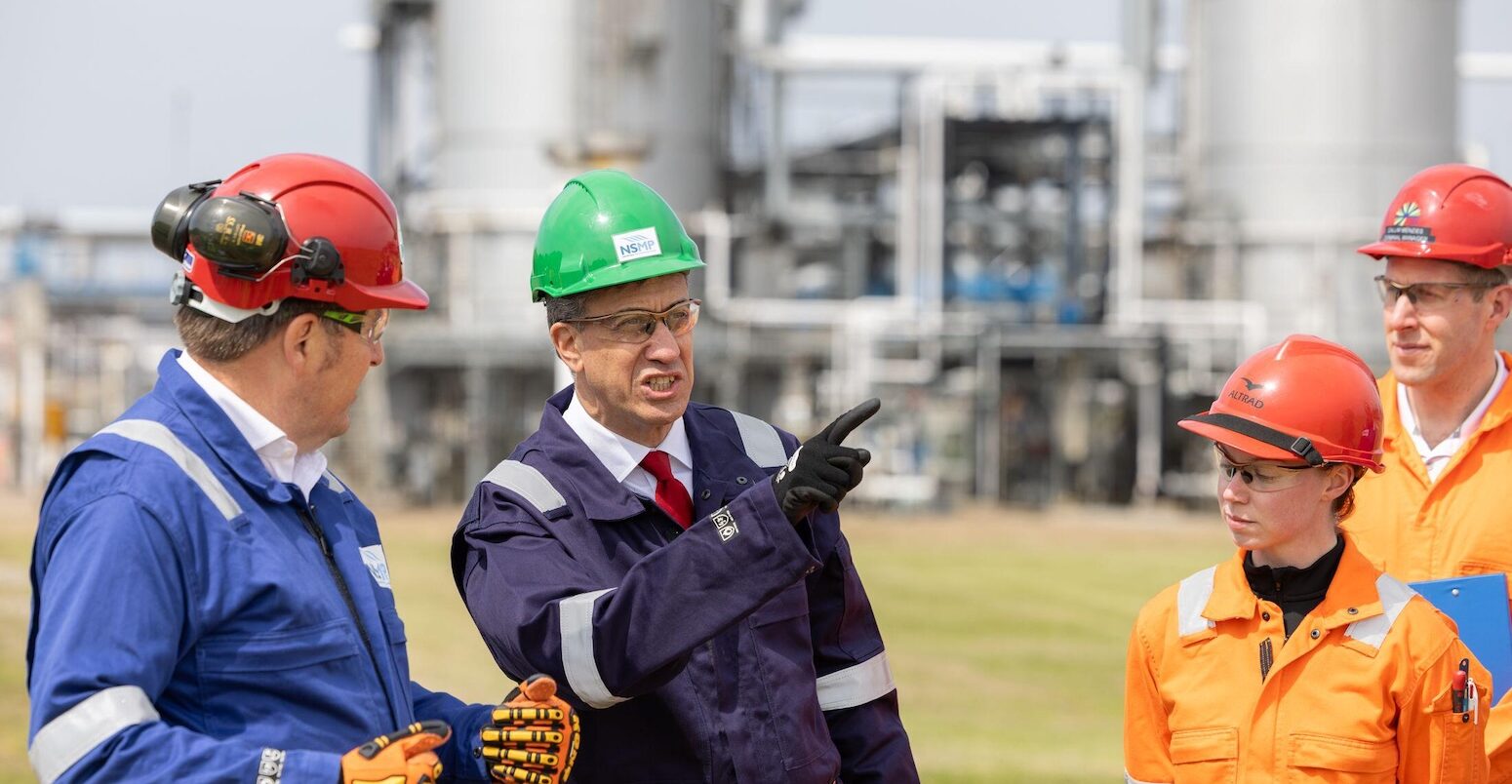 UK energy secretary Ed Miliband visiting the Acorn carbon capture and storage project in Aberdeenshire.