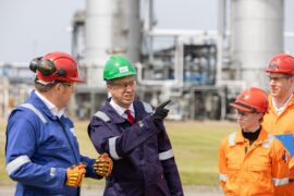 UK energy secretary Ed Miliband visiting the Acorn carbon capture and storage project in Aberdeenshire.