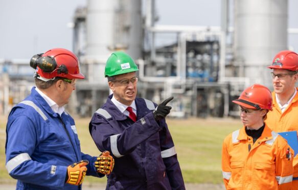 UK energy secretary Ed Miliband visiting the Acorn carbon capture and storage project in Aberdeenshire.