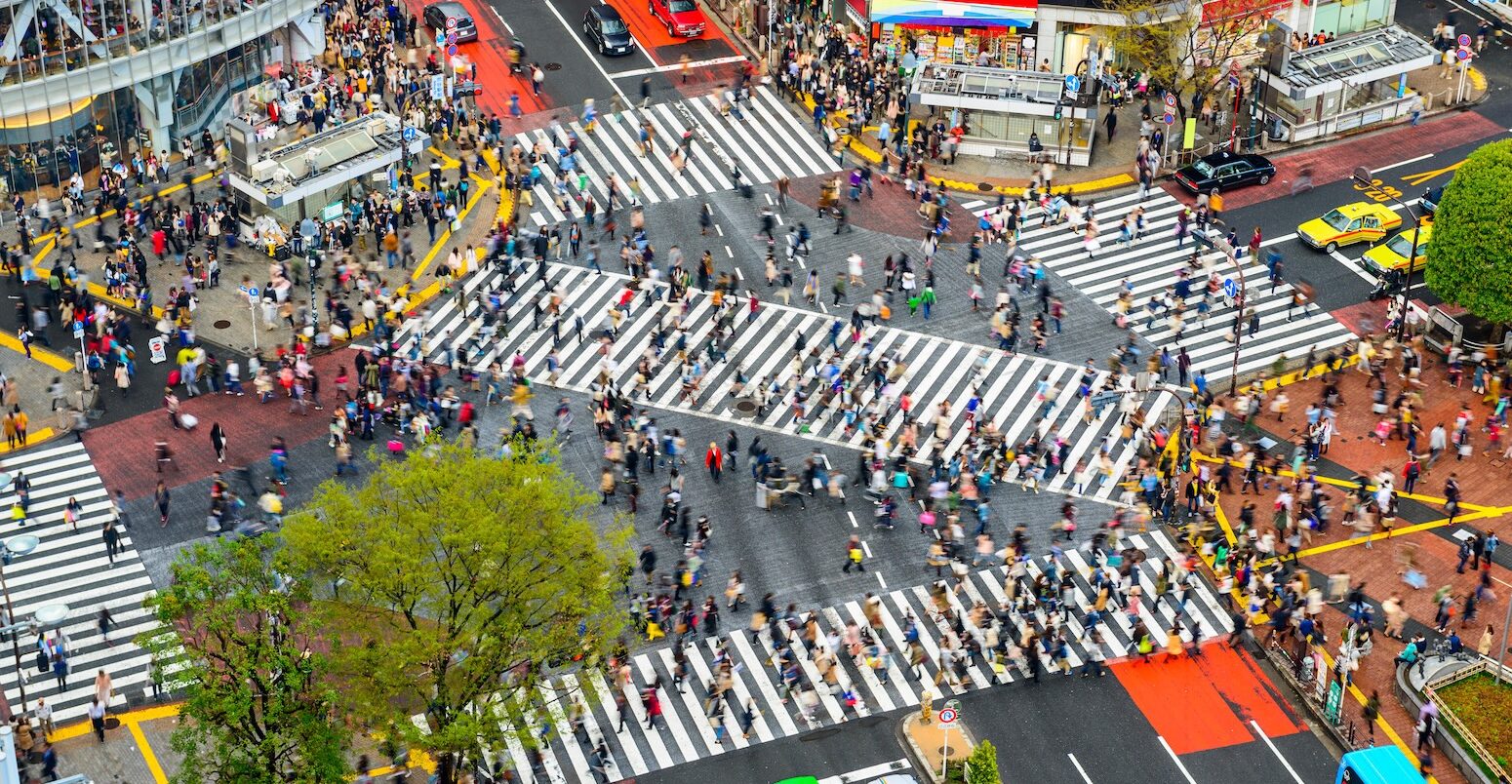 Arial view of Shibuya Crossing, one of the busiest crosswalks in the world, Tokyo, Japan.