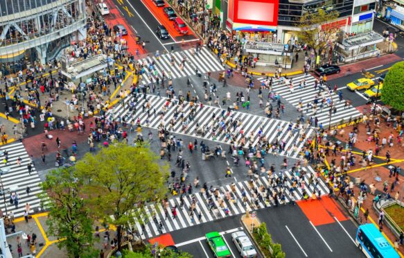 Arial view of Shibuya Crossing, one of the busiest crosswalks in the world, Tokyo, Japan.