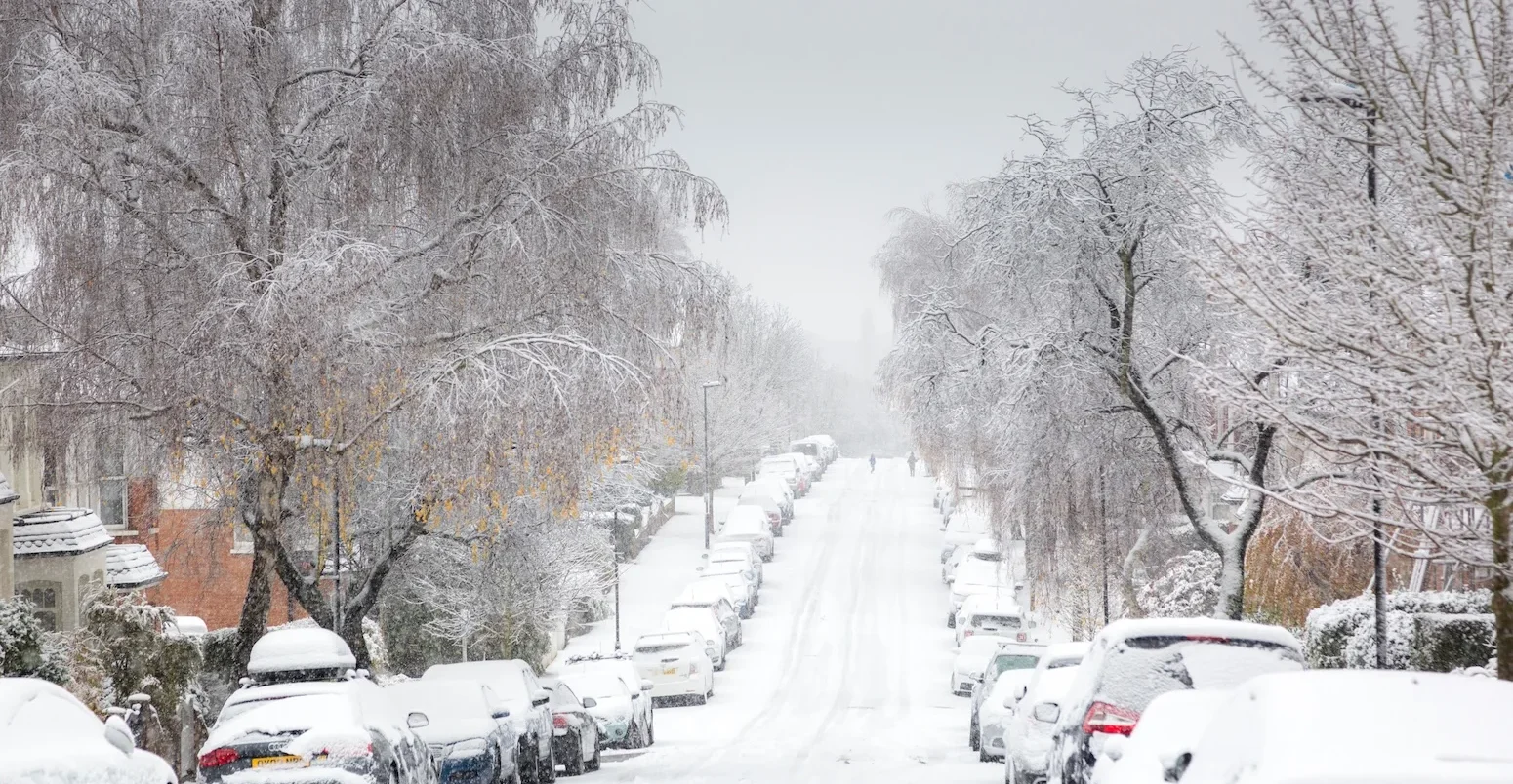 Snow-covered street in London, UK.