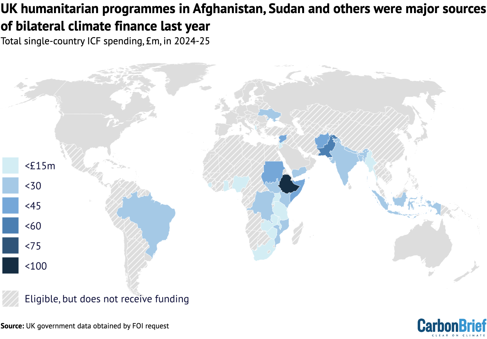 Map: UK humanitarian programmes in Afghanistan, Sudan and others were major sources of bilateral climate finance last year