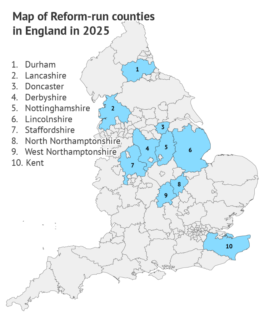 Map of Reform-run counties in England in 2025