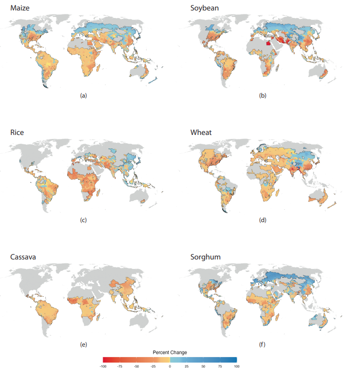 Maps of projected climate impacts on end-of-century staple crop yields under SSP3-4.5