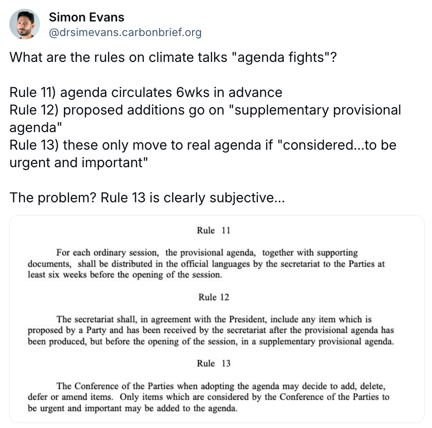 Dr Simon Evans on Bluesky: What are the rules on climate talks "agenda fights"?
