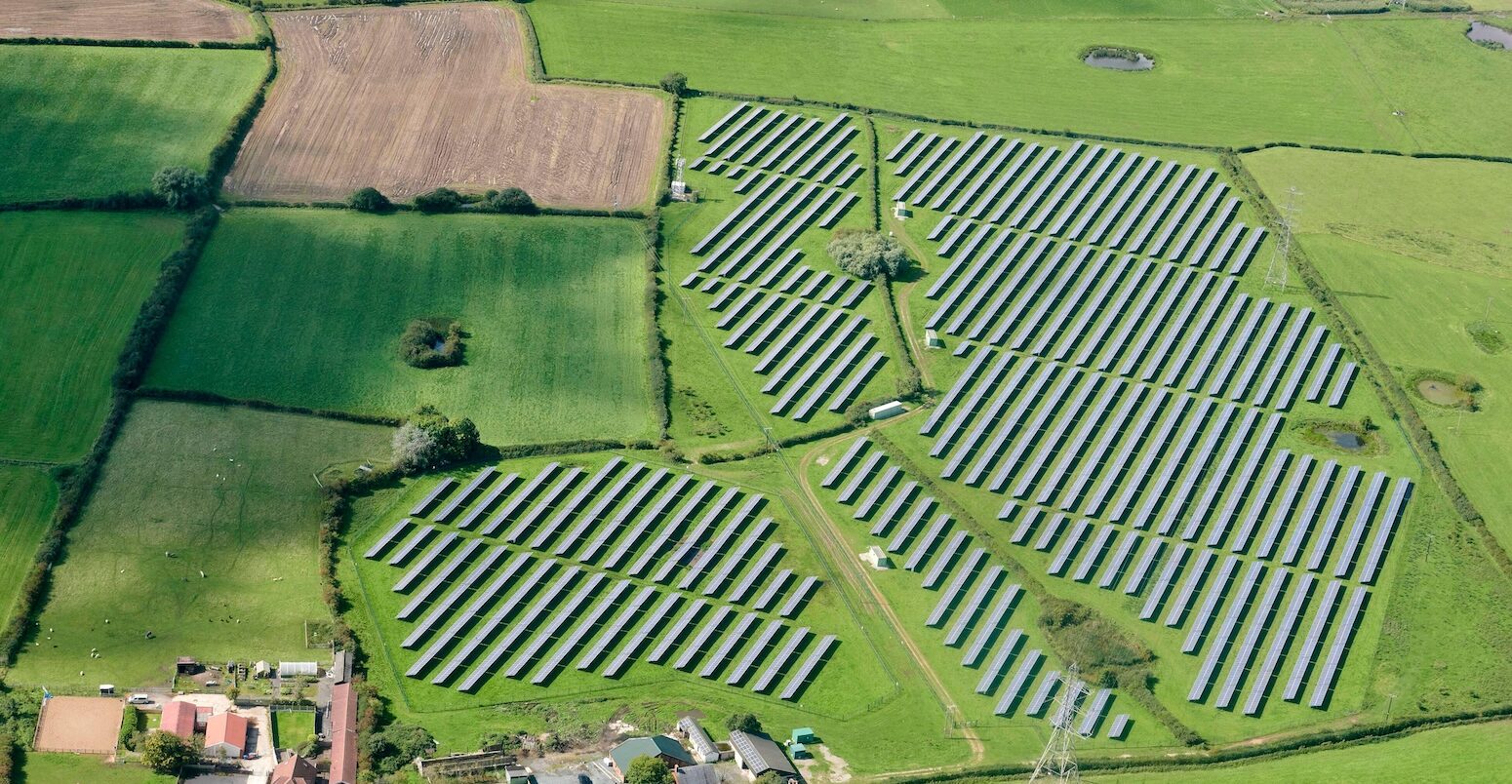Aerial view of a solar farm, north west England, UK.
