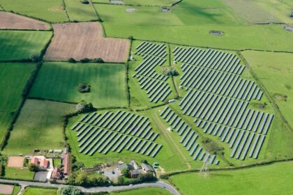 Aerial view of a solar farm, north west England, UK.