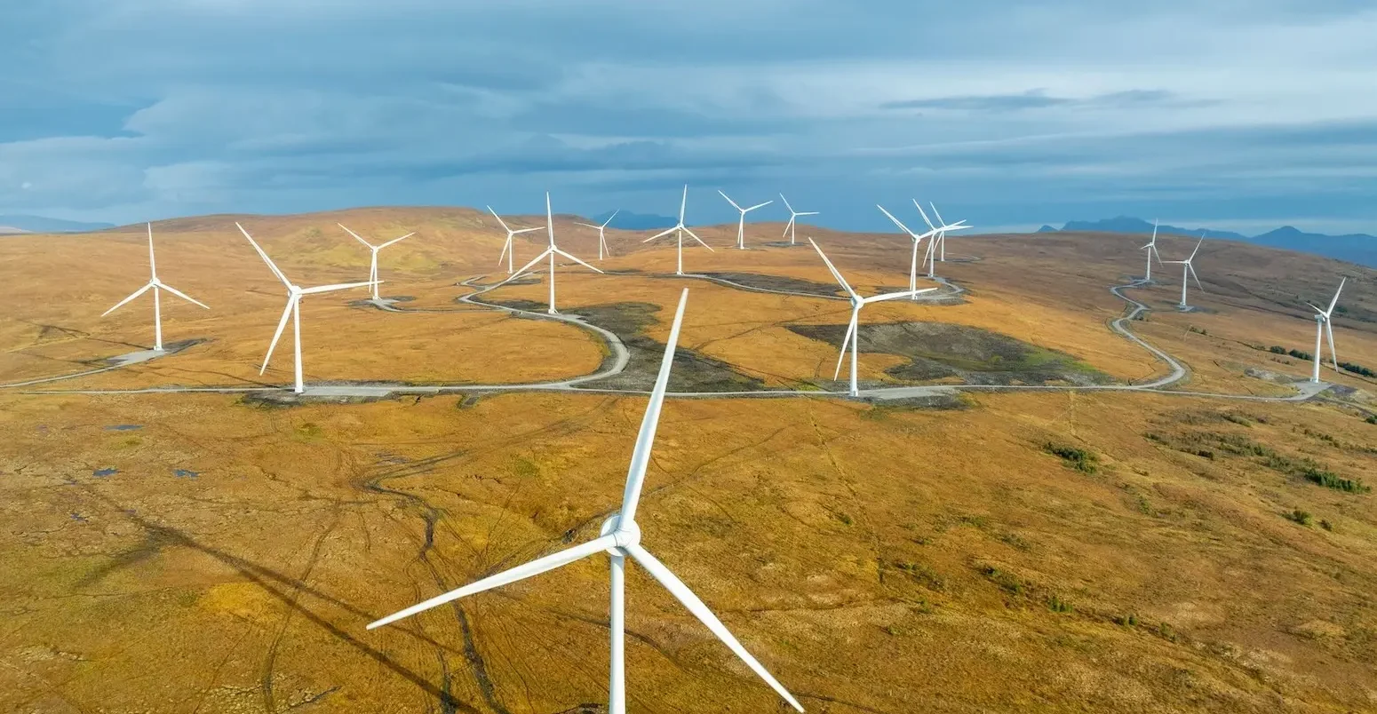 Arial view of a wind farm in Scotland, UK.