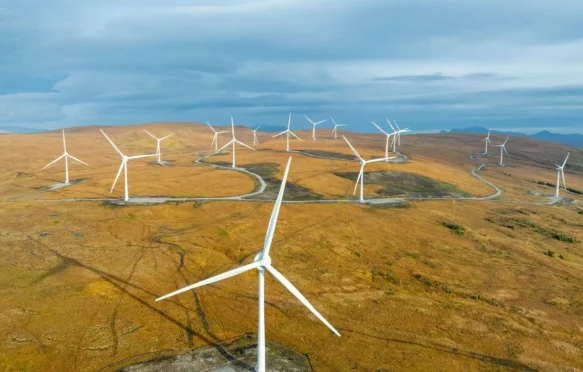 Arial view of a wind farm in Scotland, UK.