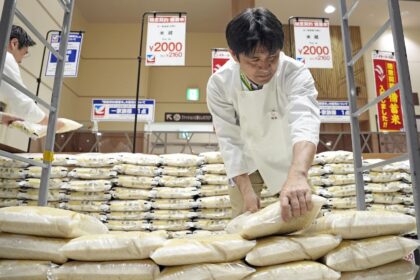supermarket worker handles bags of reserve rice released from government stockpiles in Tokyo on 31 May 2025.