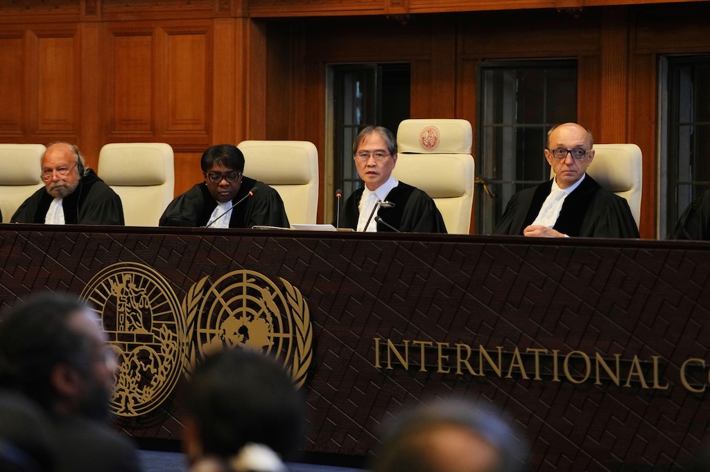 Presiding ICJ judge Yuji Iwasawa, second from right, speaks at a hearing to deliver the advisory opinion.