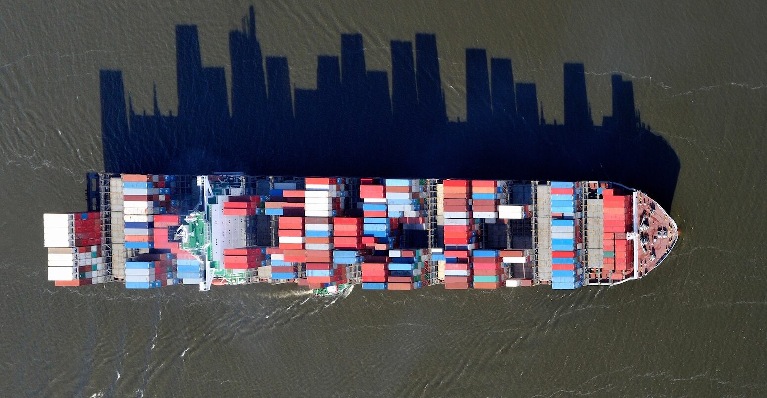 Container ship on the Elbe River in Hamburg, Germany.