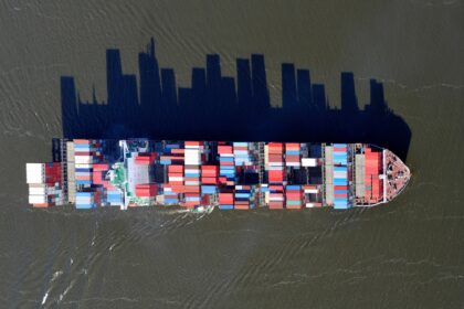 Container ship on the Elbe River in Hamburg, Germany.