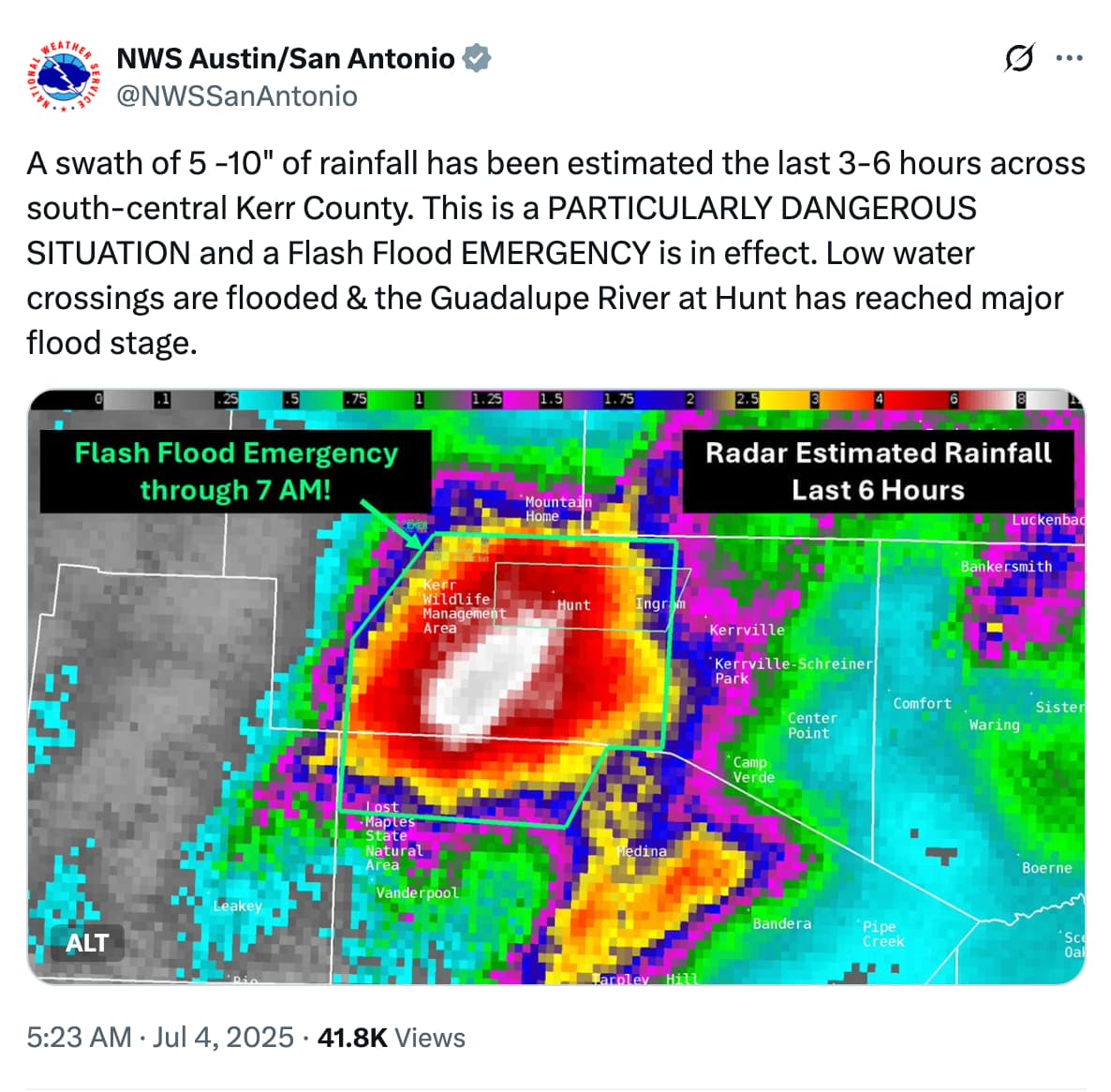NWS Austin/San Antonio on X: A swath of 5 -10" of rainfall has been estimated the last 3-6 hours across south-central Kerr County
