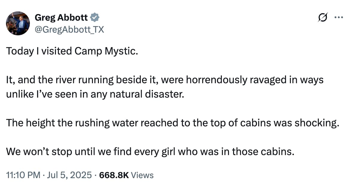 Greg Abbott on X: Today I visited Camp Mystic.