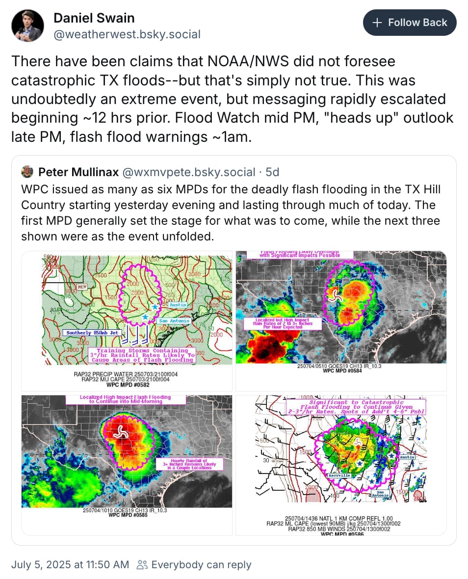 Daniel Swain on Bluesky: There have been claims that NOAA/NWS did not foresee catastrophic TX floods