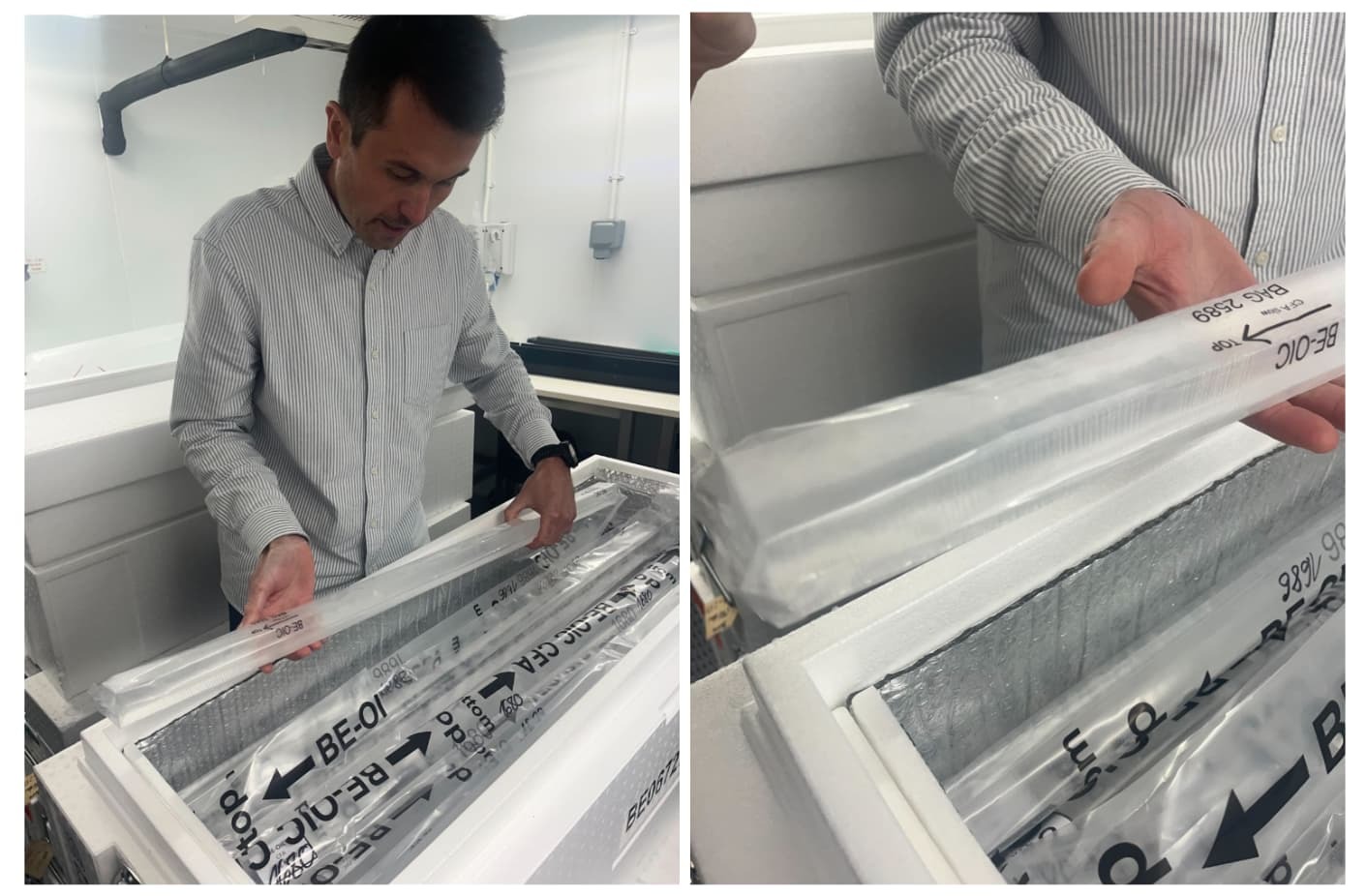 British Antarctic Survey lab manager Jack Humby holds 1.2m-year-old Antarctic ice
