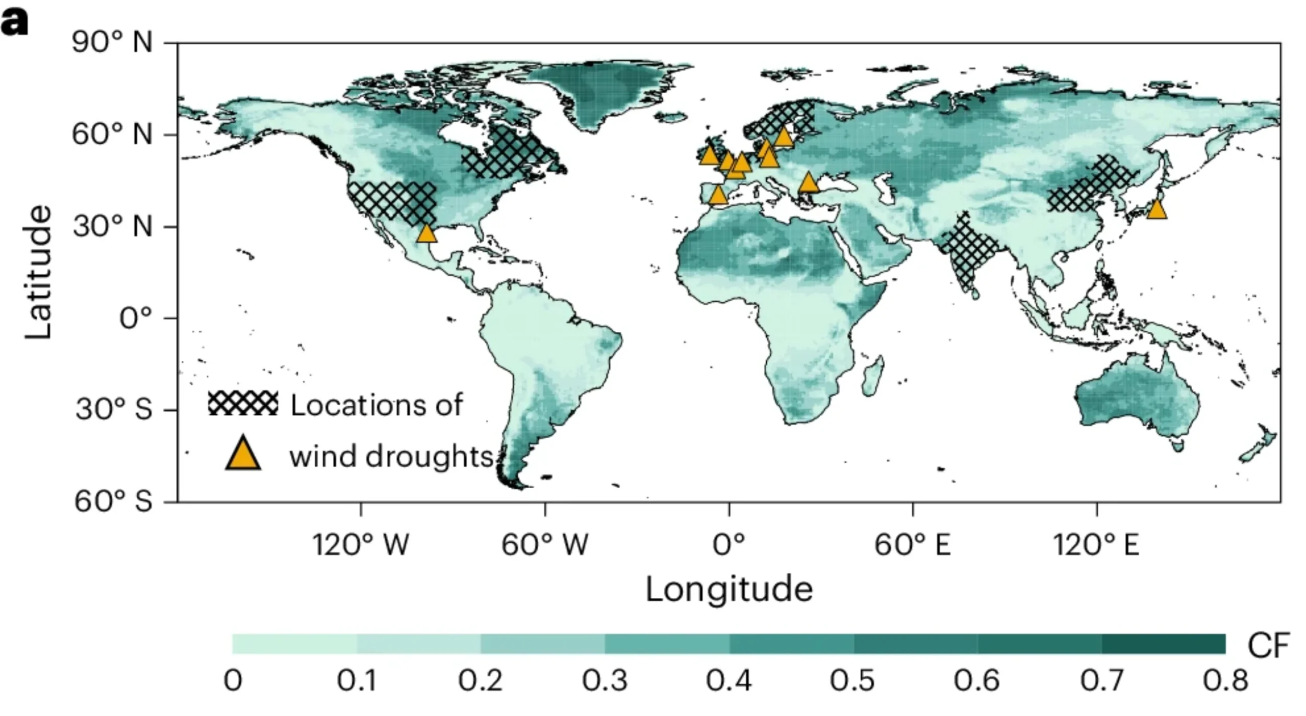 Wind droughts, indicated by yellow triangles for local events and hashed areas for larger regions. Shading shows the region’s average capacity factor at 100 metres above the ground level, derived from the ERA5 reanalysis data over 1980-2022, where darker shading indicates a higher capacity factor. Source: Qu et al (2025).