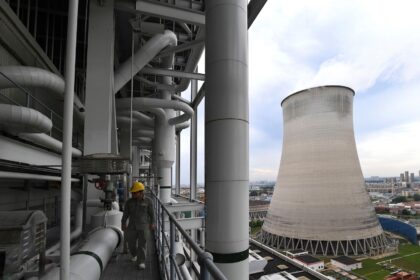 A worker inspects facilites at a coal-fired power plant in Wuhan, central China.