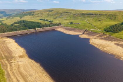 Drone photograph showing the very low water levels in Scar House Reservoir during the 2025 heatwave and drought.