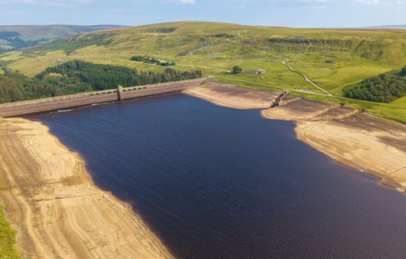 Drone photograph showing the very low water levels in Scar House Reservoir during the 2025 heatwave and drought.