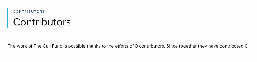 The contribution page on the Cali Fund website saying: "The work of the The Cali Fund is possible thanks to the efforts of 0 contributors. Since together they have contributed 0.