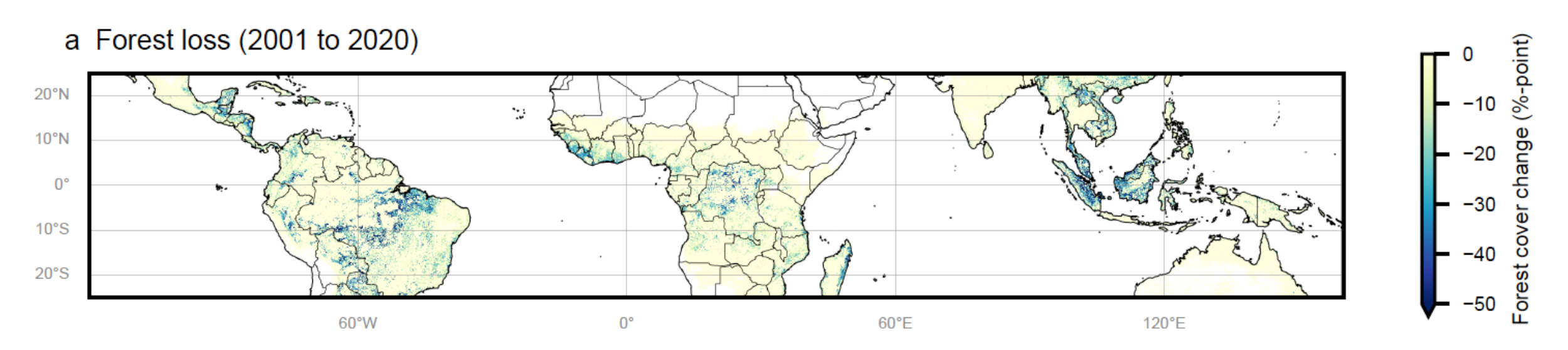 Map of the equatorial region showing forest loss (2001 to 2020)