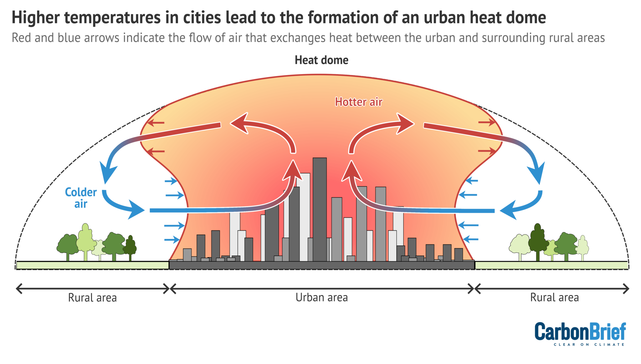 Infographic diagram showing higher temperatures in cities lead to the formation of an urban heat dome