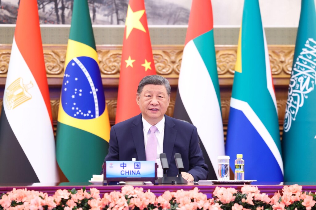 Chinese President Xi Jinping speaking at a BRICS summit.