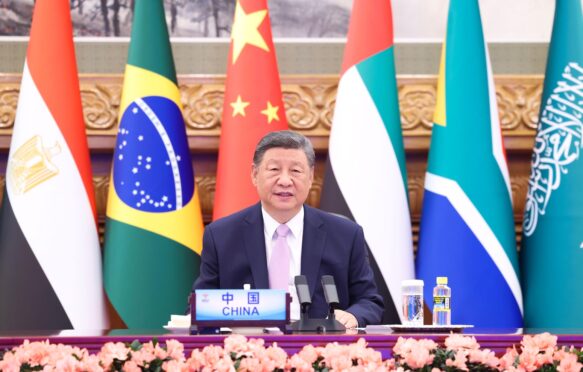 Chinese President Xi Jinping speaking at a BRICS summit.