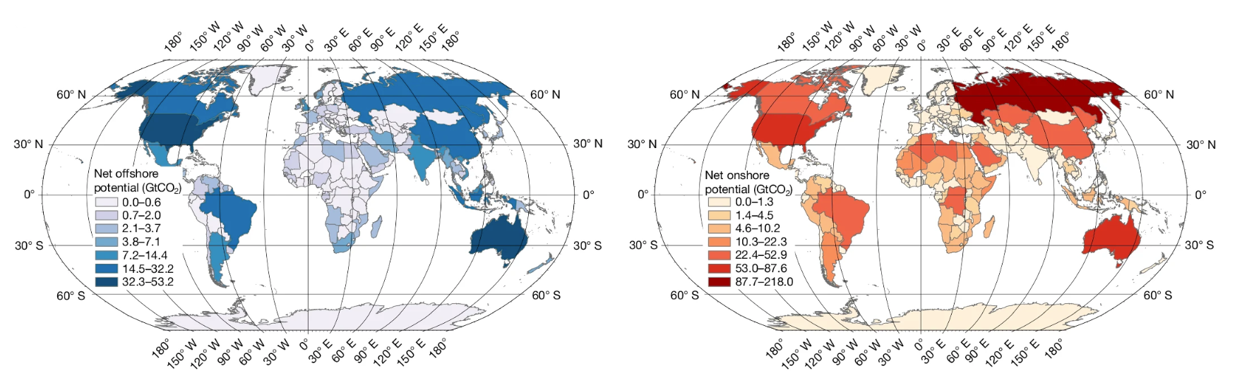 Two global maps side by side showing the global CO2 storage potential