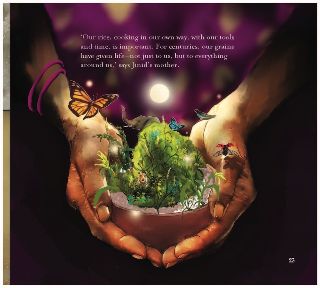 Image of cupped hands holding a bowl of rice with plants and animals coming out of it. Words above the hands say "'Our rice, cooking in our own way, with our tools and time, is important. For centuries, our grains have given life - not just ot us, but to everything around us.' says Junid's mother."
