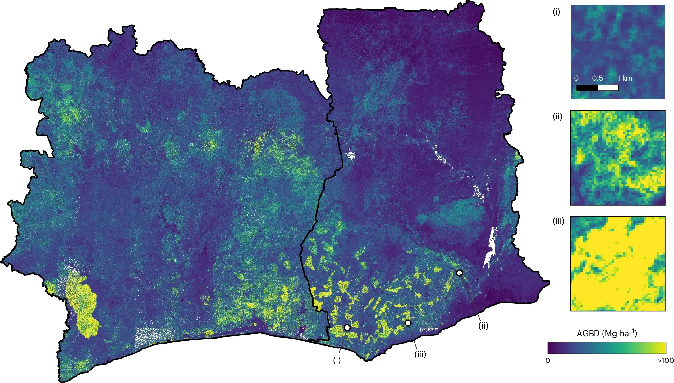 Satellite map of the Ivory Coast and Ghana