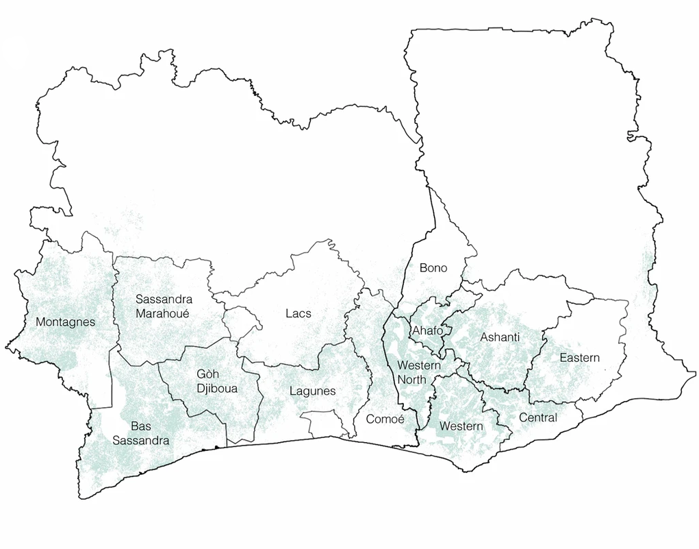 Map of districts in the Ivory Coast and Ghana
