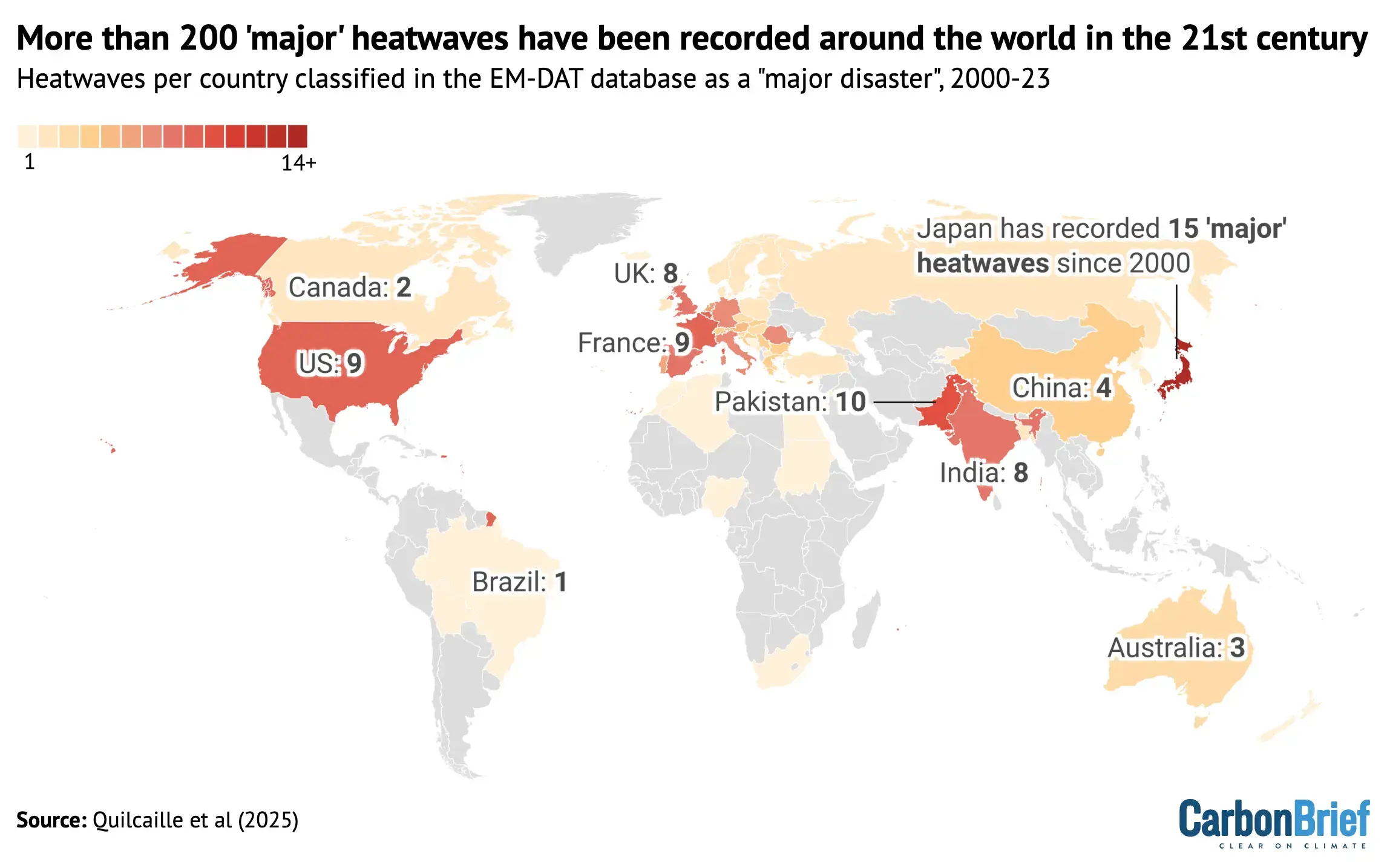 Global map showing that more than 200 'major' heatwaves have been recorded around the world in the 21st century