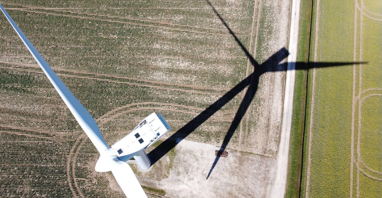 Aerial view of a wind turbine in Yorkshire, UK.