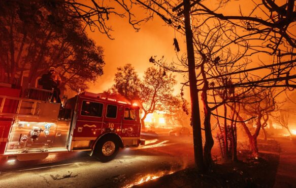 Palisades resident evacuate the area during the Palisades Fire on 7 January 2025.