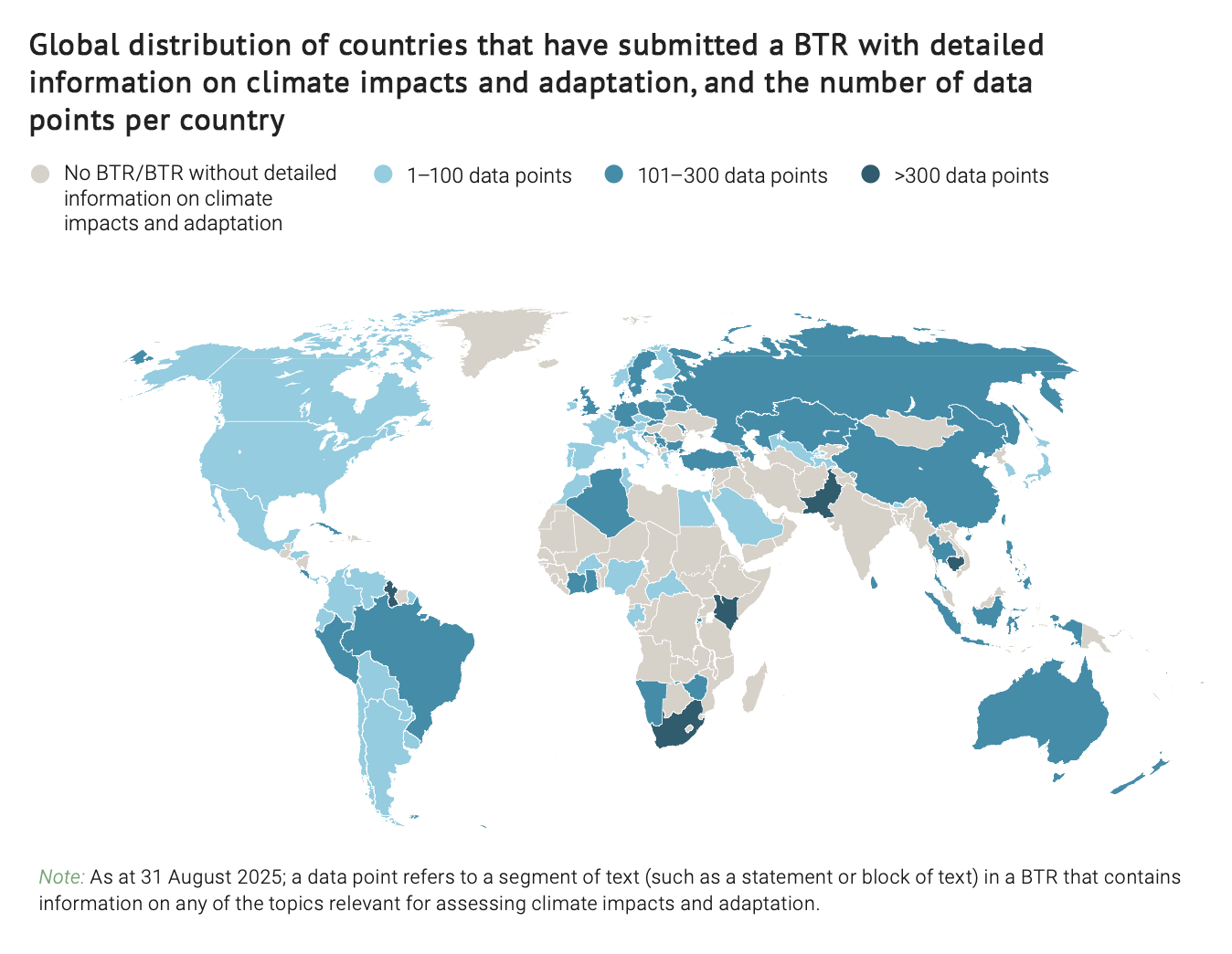 Global map showing the global distribution of countries that have submitted a BTR with detailed information on climate impacts and adaptation, and the number of data points per country