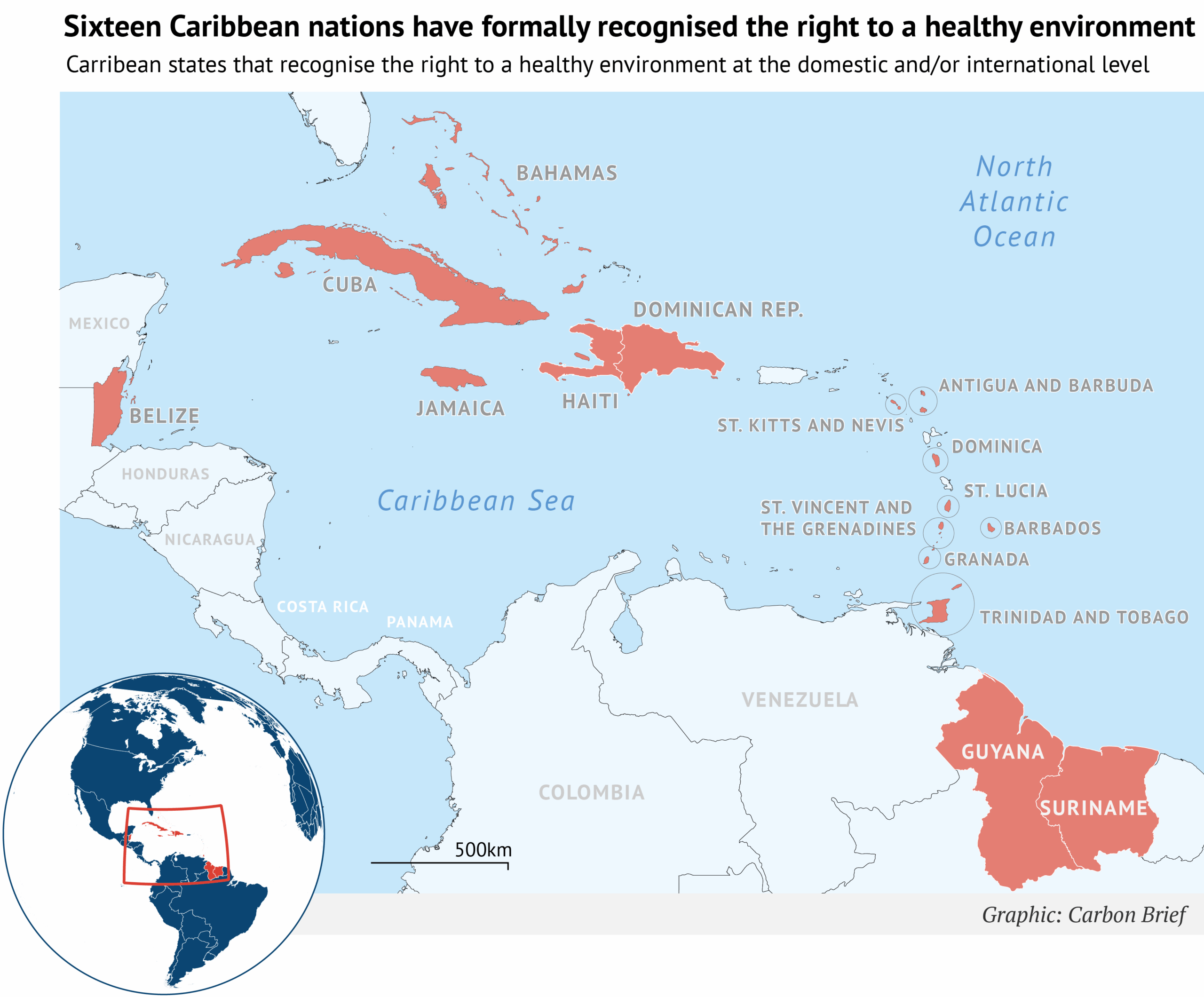 Map of the Caribbean sea showing Sixteen Caribbean nations have formally recognised the right to a healthy environment