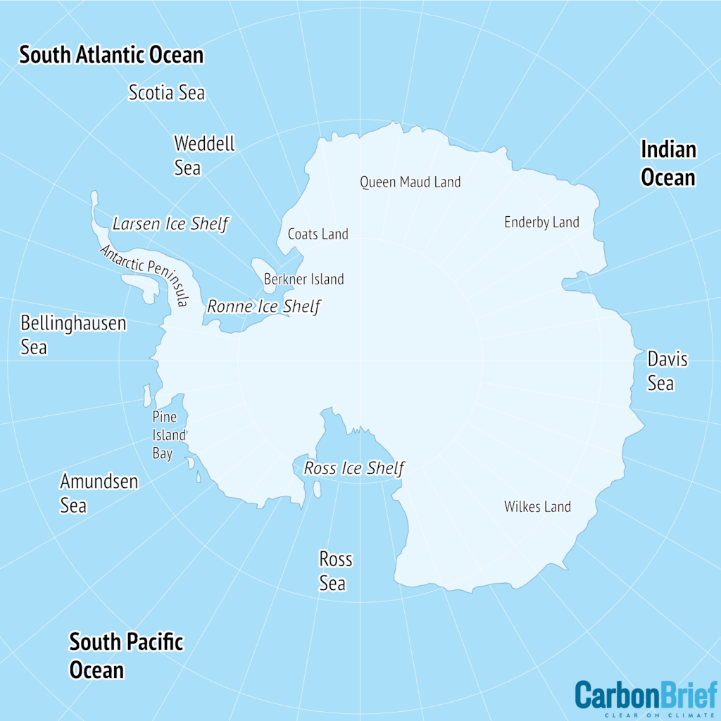 Map showing the main regions of the Antarctic.
