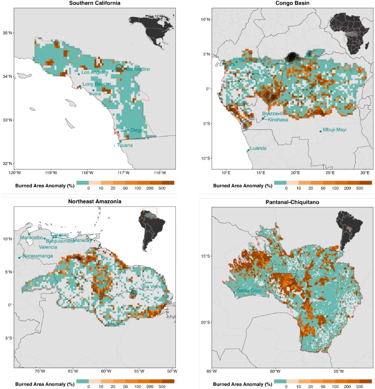 The burned area anomaly, expressed as a percentage difference from the 2002-24 average, for each of four focal events