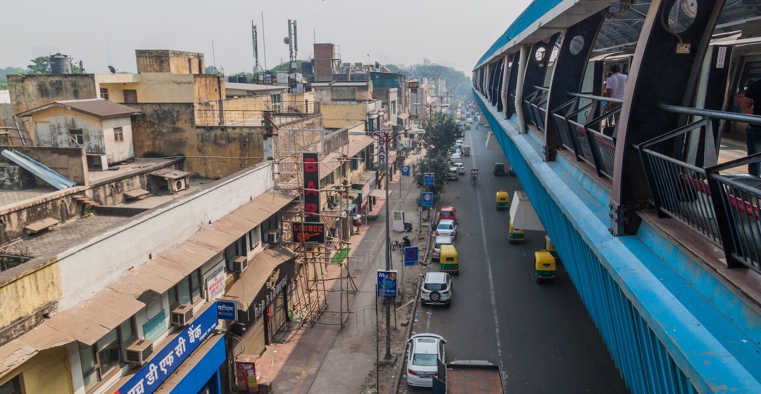 Ramakrishna Ashram Marg metro station in the center of Delhi, India.