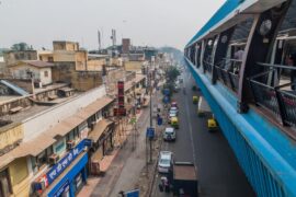 Ramakrishna Ashram Marg metro station in the center of Delhi, India.